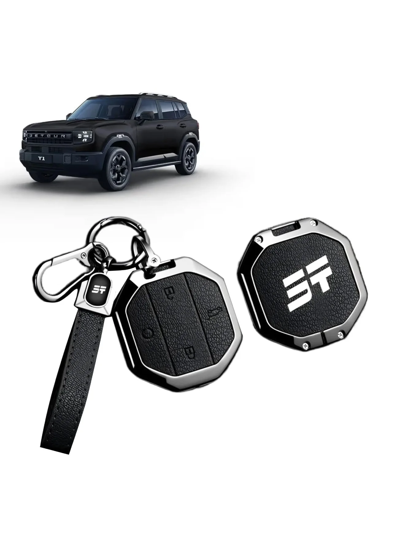 Adando Car Key Shell Cover for Jetour T1 2025-2026 Premium Zinc Alloy and PU Leather Smart Key Case (Light Black) pqka9