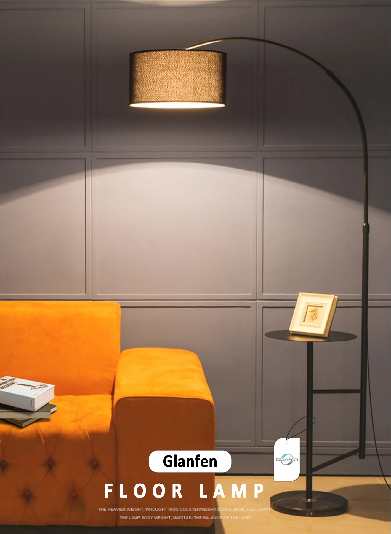 Glanfen Nordic Modern Floor Lamp with Integrated Shelf and Coffee Tray (Three-Tone LED Lighting, 160 cm) opo1u
