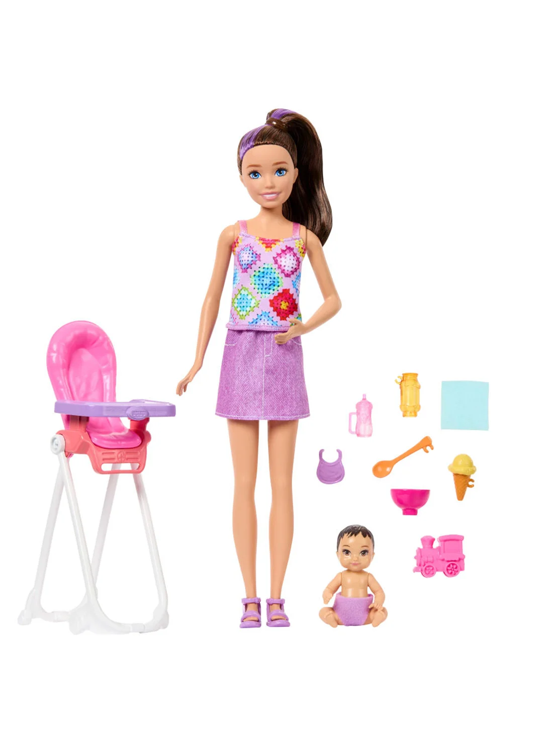 Fashion Doll Babysitting Playset with Brunette Dolls, High Chair and 8 Feeding Accessories (10-Piece Set) jx050