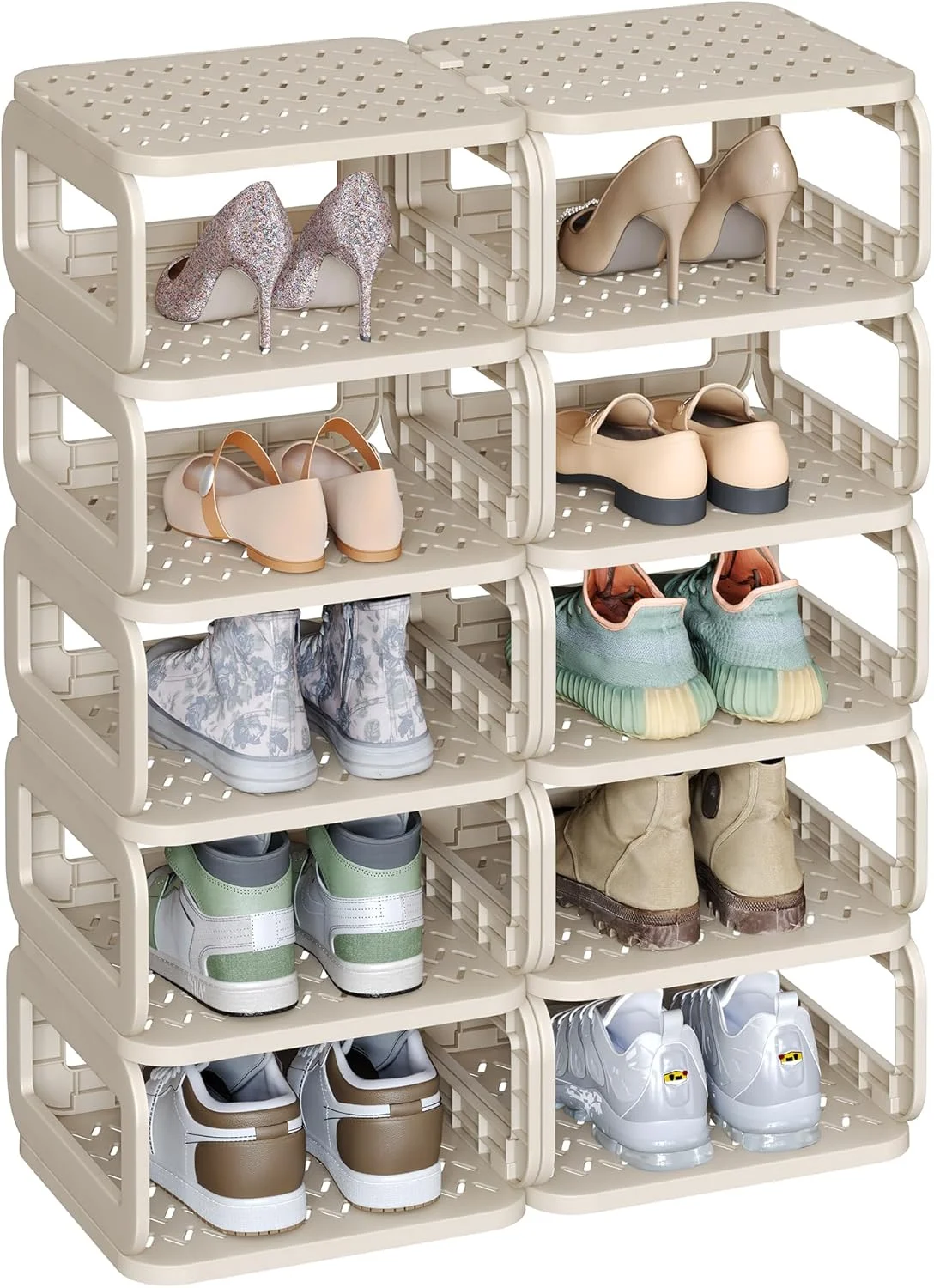 Premium 12-Tier Shoe Rack Organizer, Space-Saving Narrow Storage Shelf for Entryway and Living Room (Beige, 12 Shelves) xqo1k