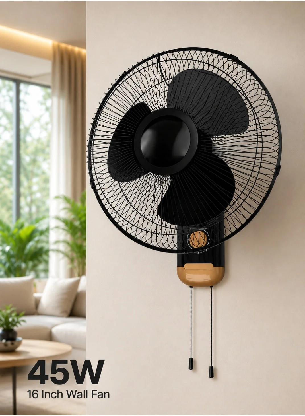 MODI 16-Inch Wall Mounted Fan, 45W High-Power Cooling, 3-Speed Control & Wide Oscillation (Black & Gold, 40 cm) twg0h