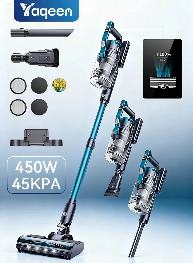 Yaqeen VC60 Cordless Stick Vacuum Cleaner, 450W Brushless Motor 45kPa Suction with OLED Display (Blue) 1d2pd