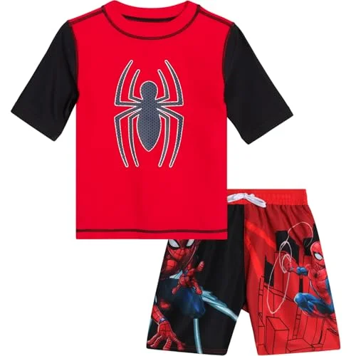 Premium Superhero Rash Guard Swim Set UPF50 Sun Protection Shirt and Trunks for Boys (Red and Black, Size 8) cu0g6