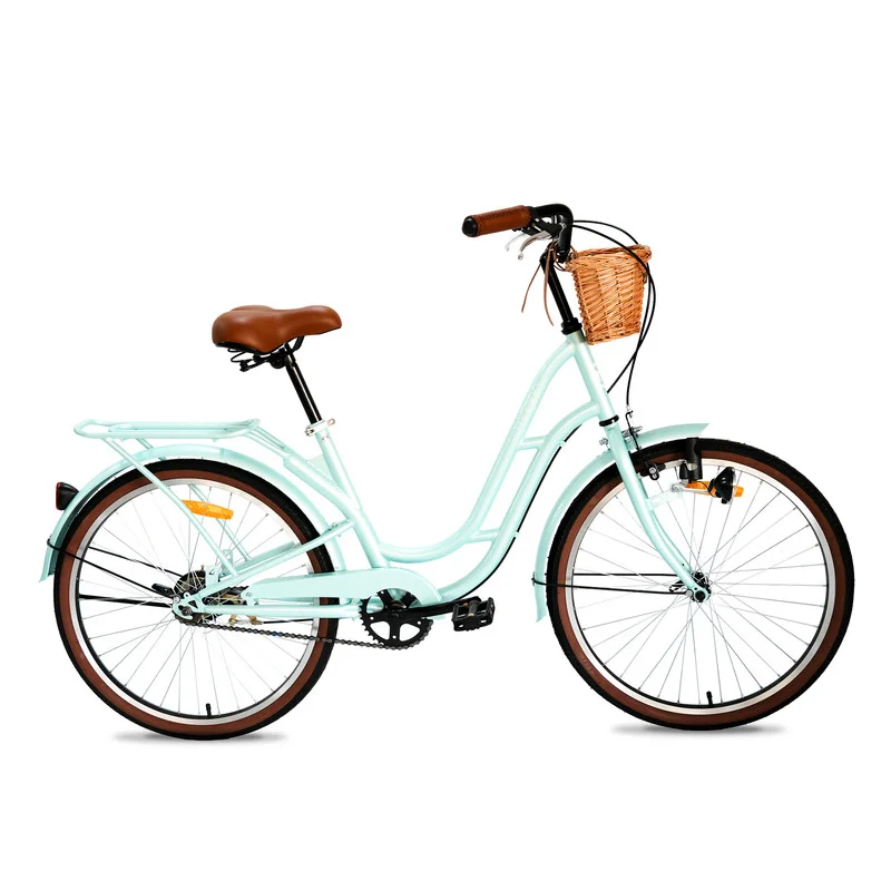 MOGOO Vintage City Bike for Women and Girls, Durable Steel Step-Through Frame with Wicker Basket and Rear Carrier (Mint Green, 24-Inch) 28pfk