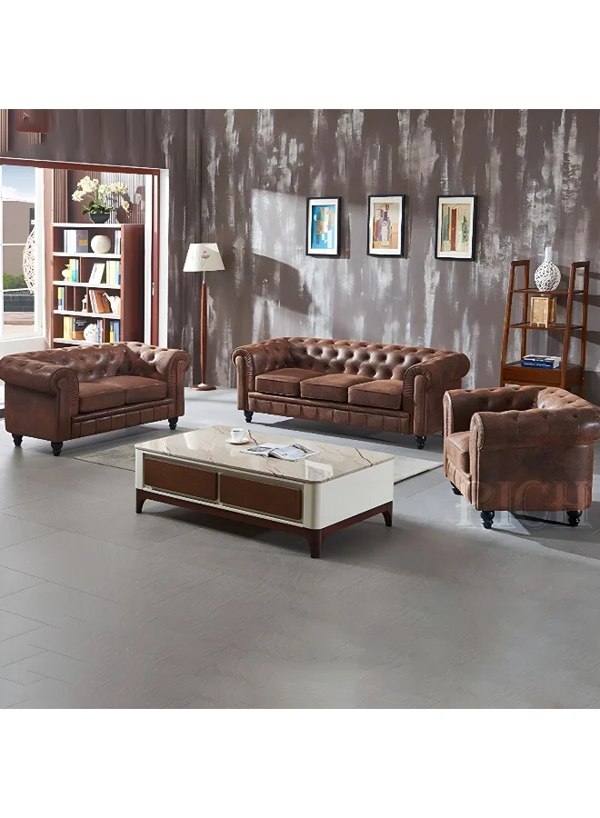 Comfynest Chesterfield Tuxedo Arm Loveseat Sofa Set (Dark Brown, 3+2+1 Seats) ubuo7