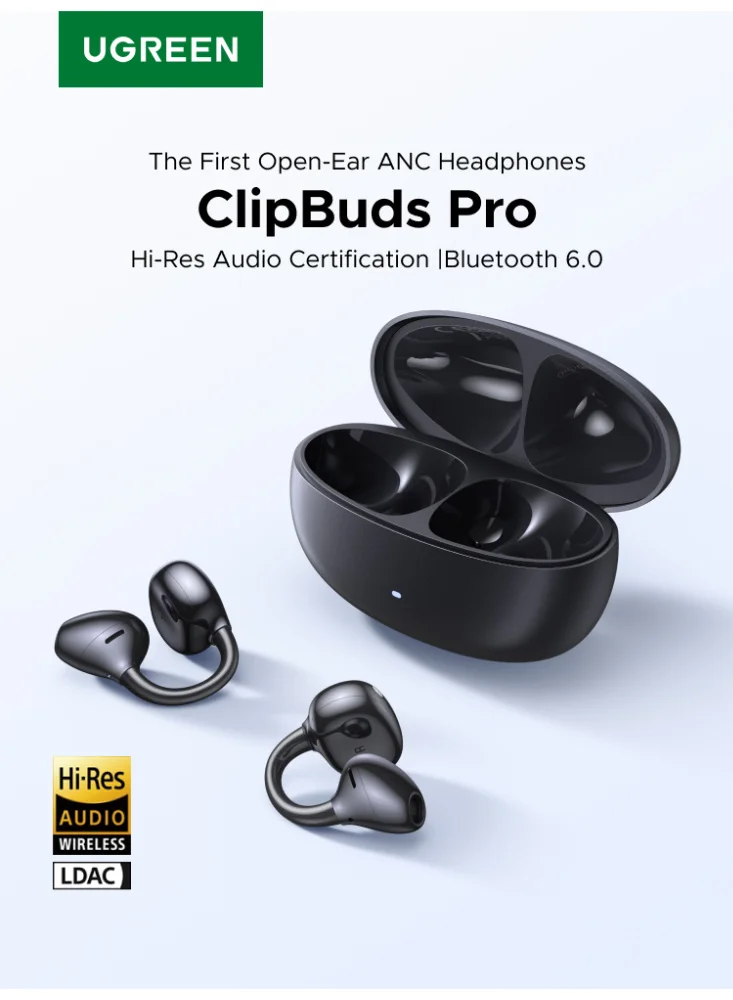 ClipBuds Pro Open-Ear Wireless Headphones Bluetooth 6.0 Hi-Res Sound with AI Noise-Canceling Mics (Clear, 1 Pair) vh2n6
