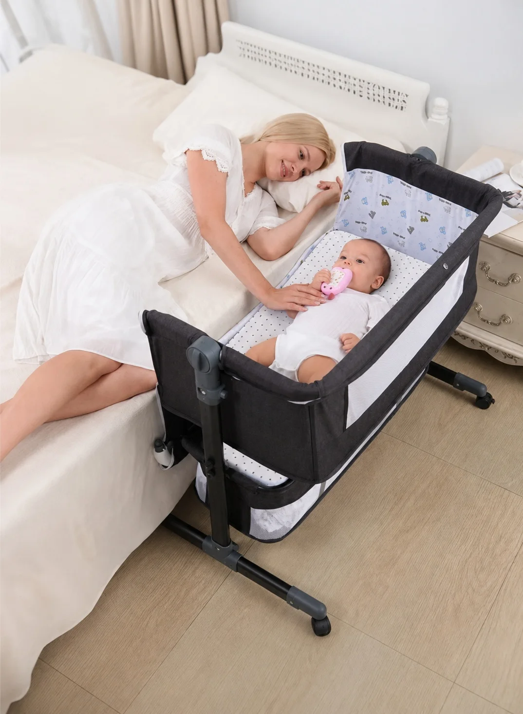 XiuWoo Portable Baby Bassinet Bedside Sleeper with Adjustable Height and Breathable Mesh (Grey, 90x50x80 cm) fy10j
