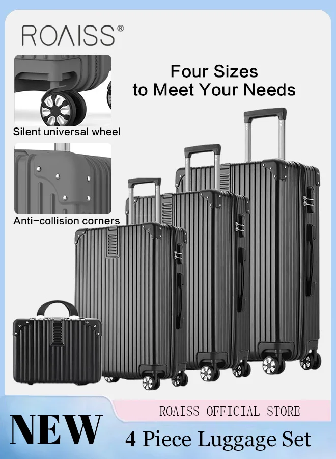 Roaiss 4-Piece Hardshell Luggage Set, Lightweight Trolley Suitcase with Silent Universal Wheels for Travel and Business (Black, 14/20/24/28 Inch) vjsgv
