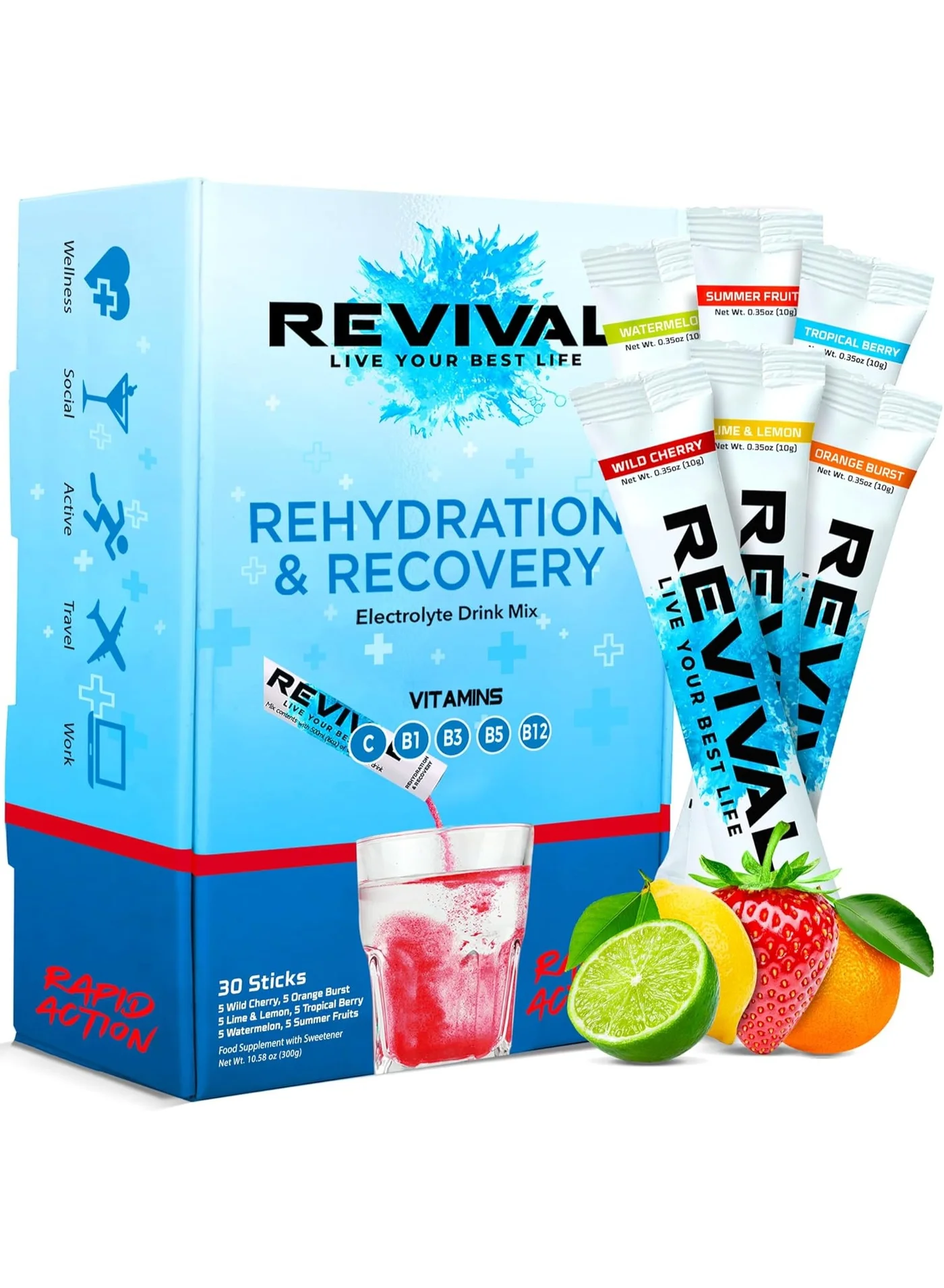 Revival Shots Electrolyte Hydration Powder Drink Mix with Vitamin B Complex and C (Assorted Flavours, 30 Sachets) yxtrr