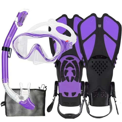 HHAO SPORT Kids Snorkeling Set with Diving Mask and Adjustable Swim Fins (Blue, One Size) 6d5wb