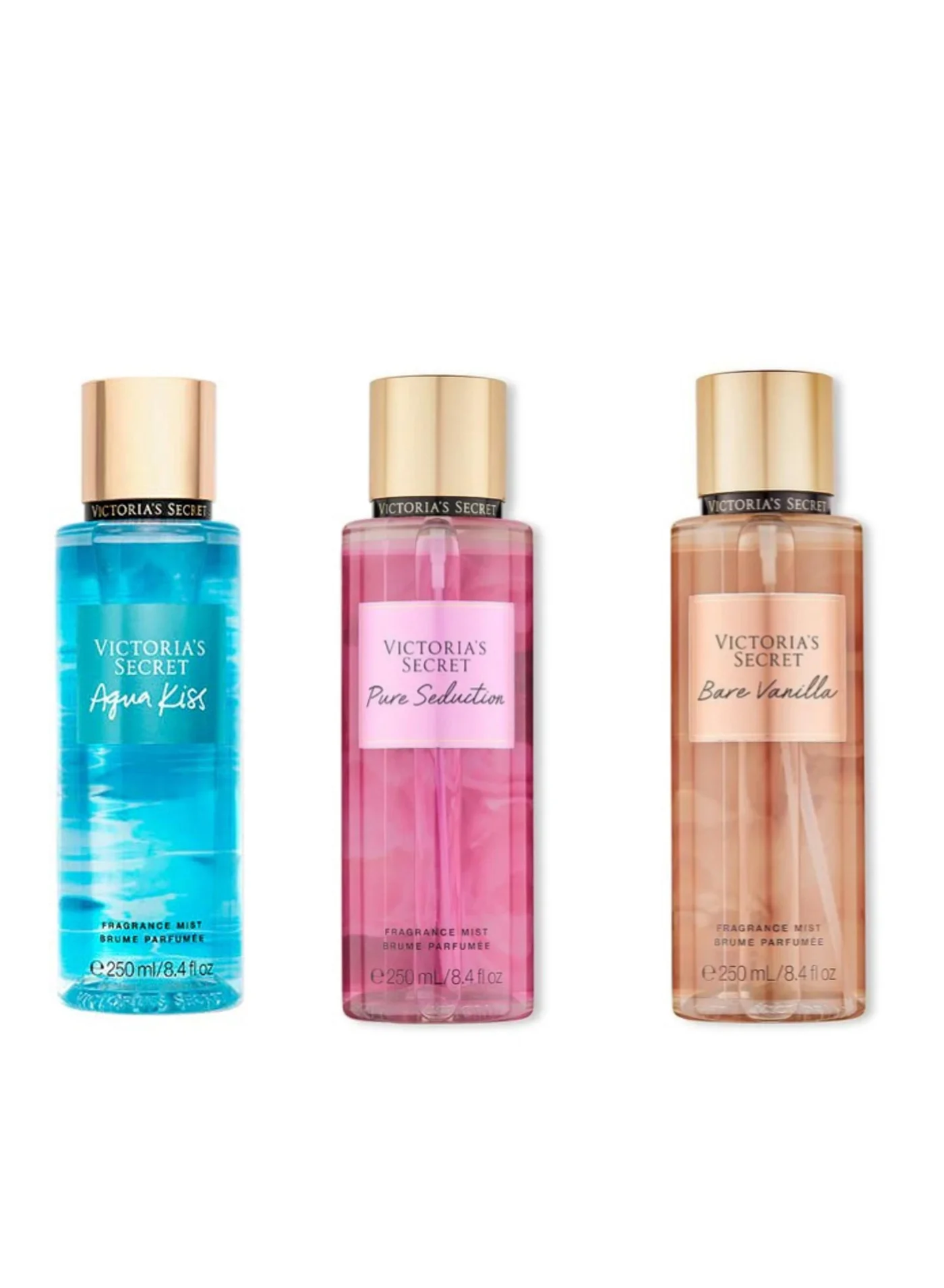 Premium Fragrance Mist Collection Set (Pure Seduction, Aquakiss, Bare Vanilla) Floral Scented Body Spray for Women (3 x 250 mL) yb911