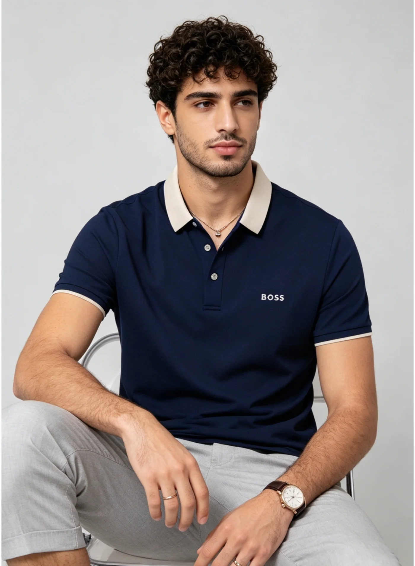 Premium Contrast Collar Short Sleeve Polo Shirt for Men (Navy Blue, Large) 92a69
