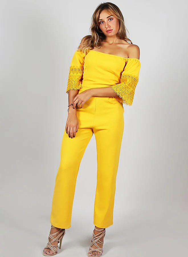 Raw Orange Solid Off Shoulder Jumpsuit Premium Cotton Blend Relaxed Fit (Yellow, One Size) fl0kq