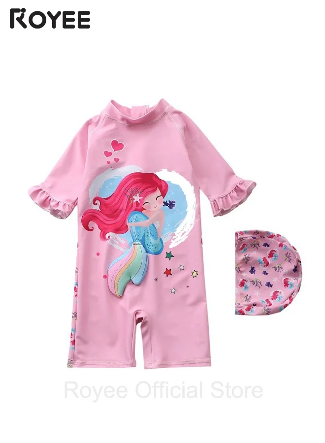 Royee Mermaid Swimsuit Long Sleeved One Piece Sun Protection Swimwear Set with Swim Cap for Girls (Pink, 70-120cm) sobrb