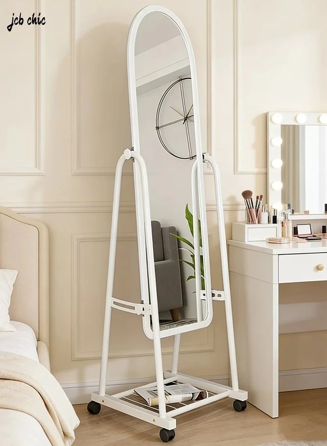 JCB CHIC Adjustable Full-Length Standing Mirror with Wheels and Storage Shelf, Arched Metal Floor Mirror for Bedroom and Dressing Room (160 cm x 40 cm) xnu3w