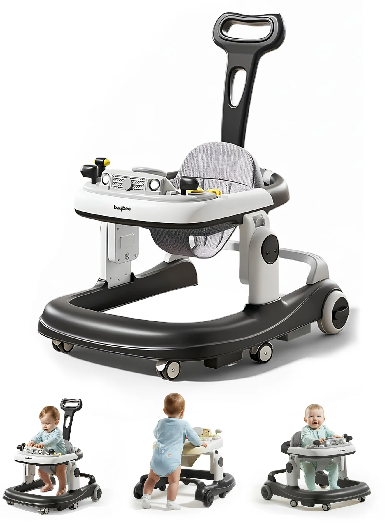BAYBEE 3-in-1 Baby Walker with Parental Handle, Adjustable Height & Musical Tray (Black, 70 cm) fnblw