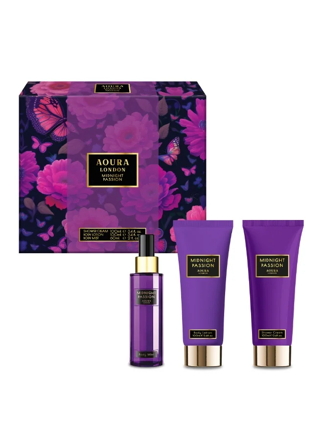 Aoura London Midnight Passion Fragrance and Body Care Gift Set (60ml Mist, 100ml Shower Gel, 100ml Lotion) for Women dvm3d