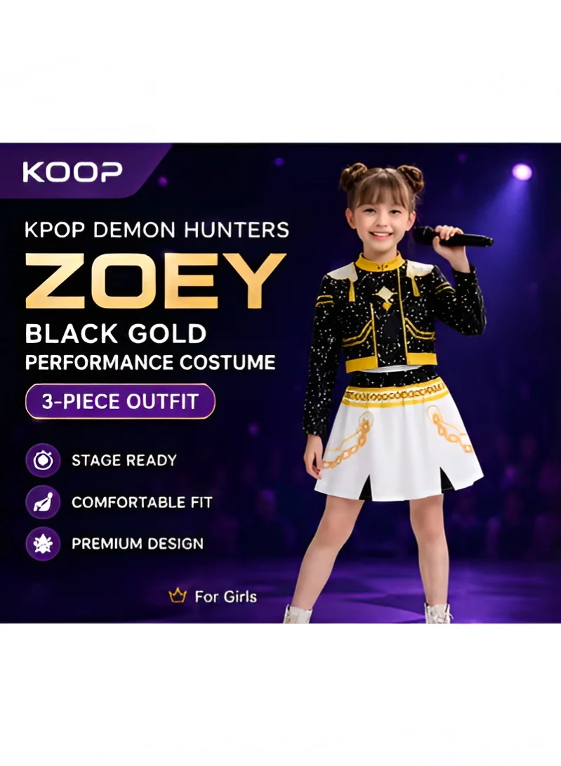 Premium Girls Demon Hunter Cosplay Costume 3-Piece Performance Outfit (Black and Gold, Kids) waqv2