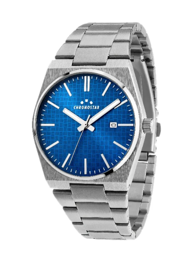Chronostar Men's Analog Watch Round Blue Dial with Silver Stainless Steel Band (40mm) t1o9i