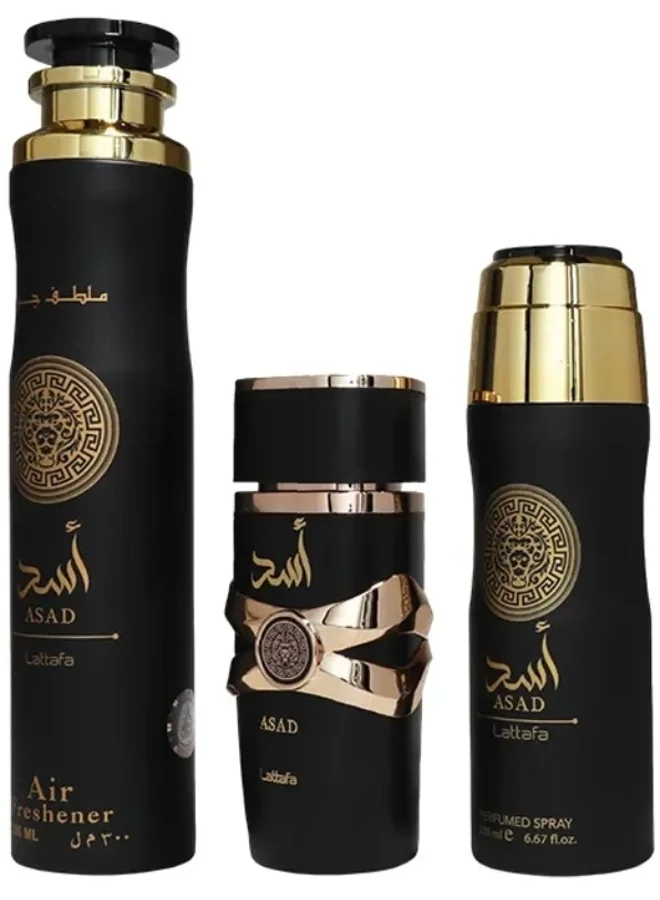 Lattafa Asad Fragrance Gift Set for Men (100 mL EDP, 200 mL Perfumed Spray, 300 mL Air Freshener) jzido