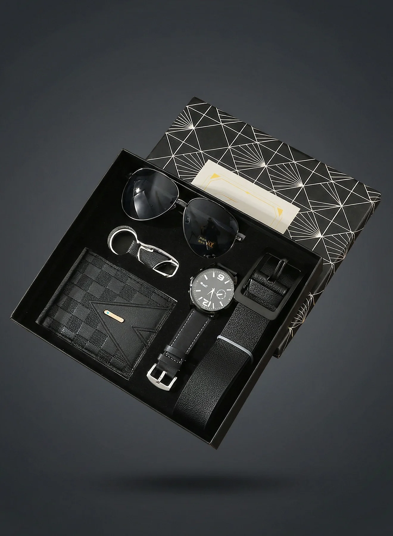 FIORICASA Men¡¯s 5-Piece Accessory Gift Set with Watch Wallet Belt Sunglasses and Keychain (Black, One Size) ci6lb