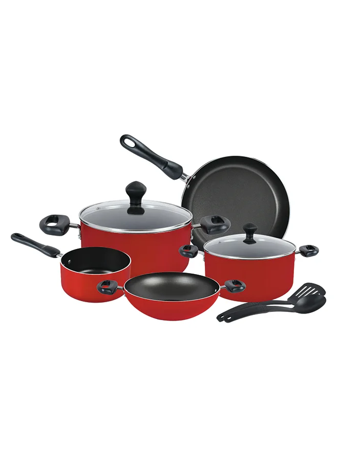 Premium 9-Piece Aluminium Non-Stick Kitchen Cookware Set with Ergonomic Handles and Utensils (Red, 9-Piece) x7yqf