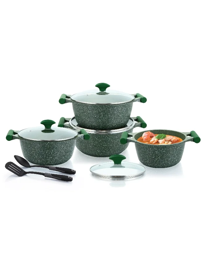 Premium Granite Non-Stick Cookware Set 10-Piece Induction Compatible Pots and Pans Kitchen Cooking Set (Green, 10-Piece) ycmhf