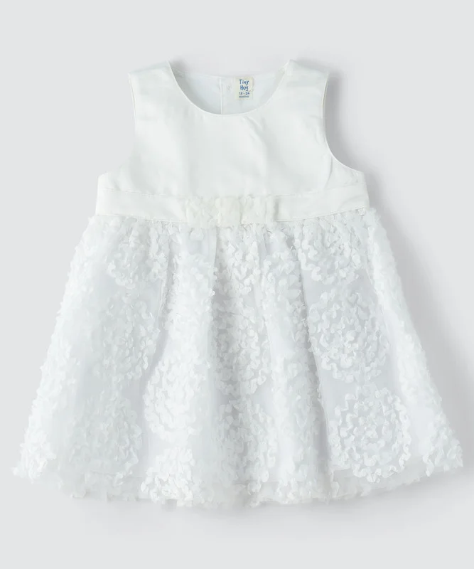 Tiny Hug Baby Girls Floral Textured Party Dress with Mesh Overlay and Waist Bow (Pink, 12-18 Months) ey1w1