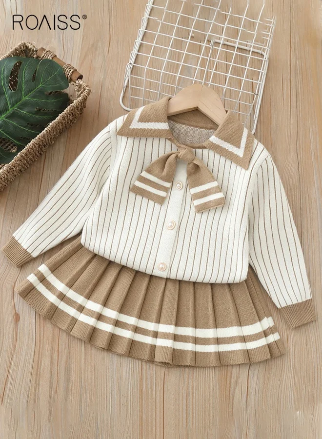 Roaiss Girls Knitted Cardigan and Pleated Skirt Set Premium Two-Piece Outfit for Daily Wear (Multi-Color, 120 cm) vt3ln