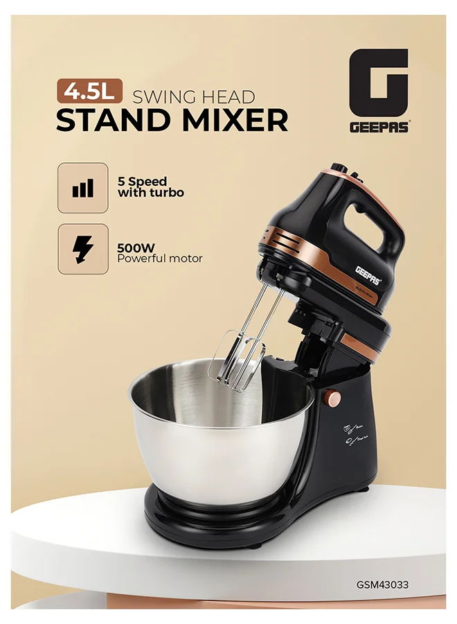 Geepas Stand Mixer with Swing Head, 500W Powerful Motor, 4.5L Stainless Steel Bowl, 5-Speed Turbo Function (Black, 4.5 L) r8sbp