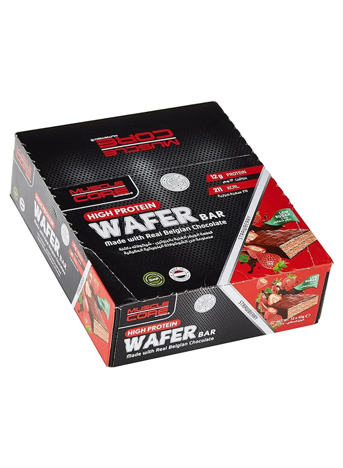 Muscle Core High Protein Wafer Bar with Belgian Chocolate and Strawberry (12g Protein, 12 x 40g Pack) c4iij
