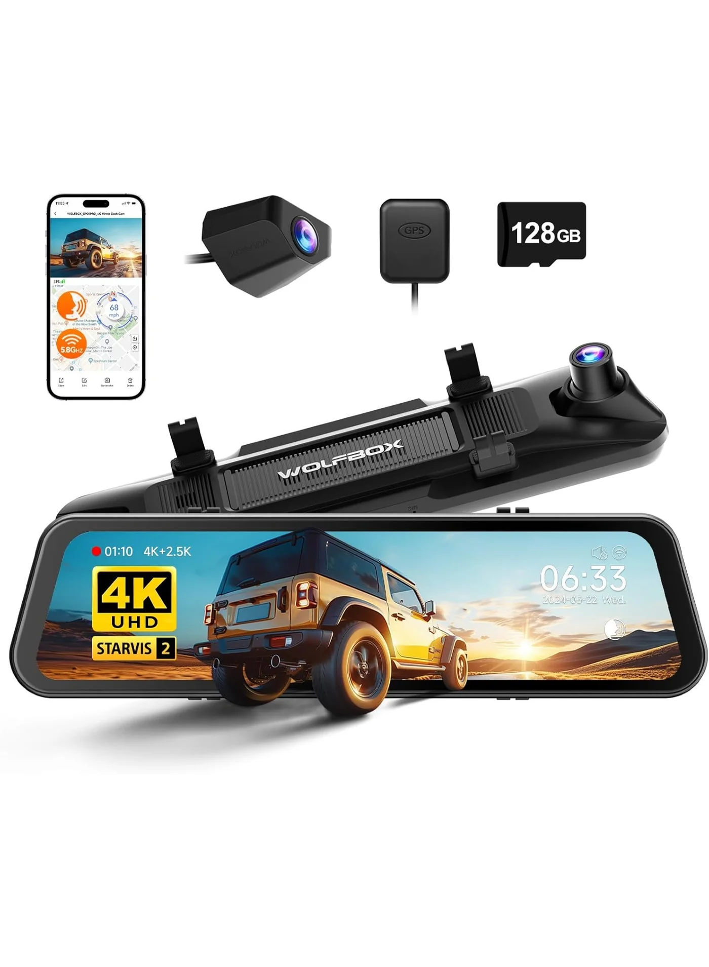 Premium 12-Inch 4K Mirror Dash Cam Dual Lens System with 2.5K Rear Camera GPS and 128GB Storage for Enhanced Vehicle Security v0wre