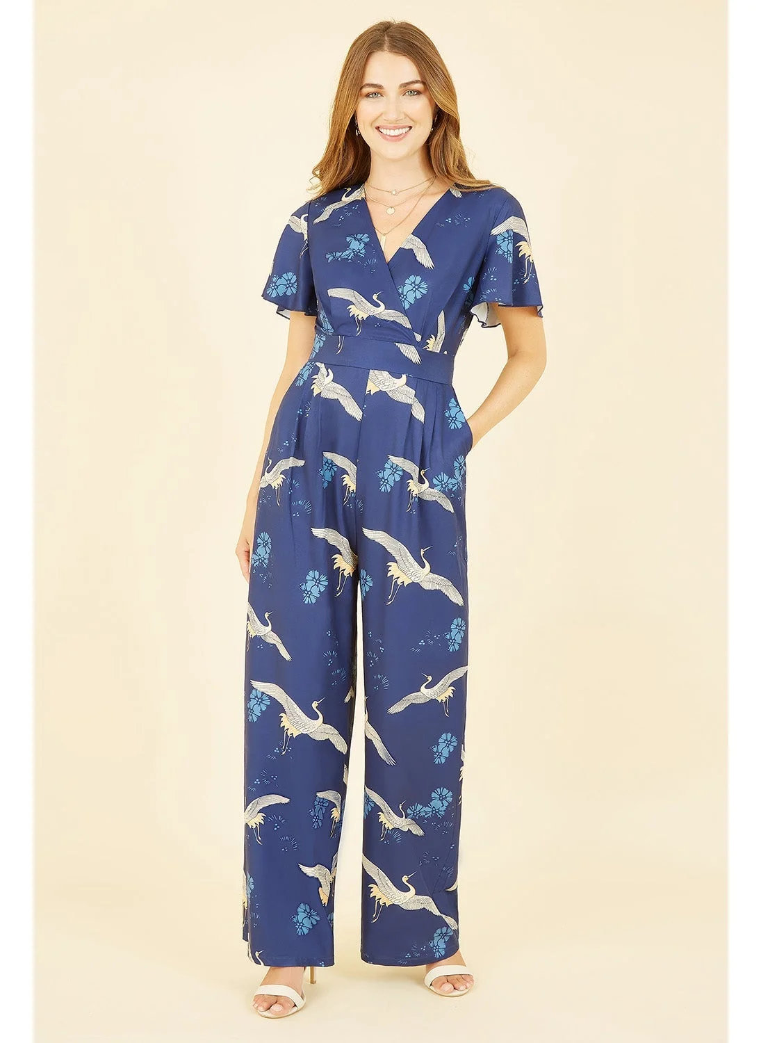 Yumi Crane Print Angel Sleeve Jumpsuit Premium Lightweight Fabric Elegant Casual Wear for Women 8v10d