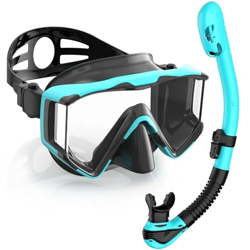 Greatever Snorkel Set 3-Window Panoramic Diving Mask with Dry Top Snorkel Professional Scuba Gear for Adults (Black, One Size) evkqk