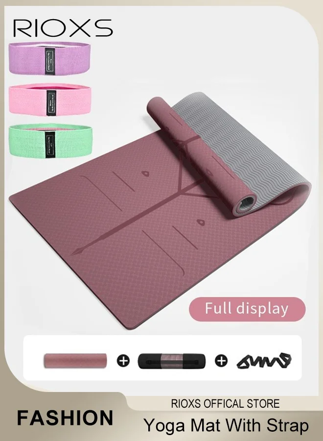 RIOXS Premium TPE Yoga Mat Non-Slip Exercise Fitness Mat with Carrying Strap and Resistance Bands (Pink, 183 cm x 6 mm) y8voz