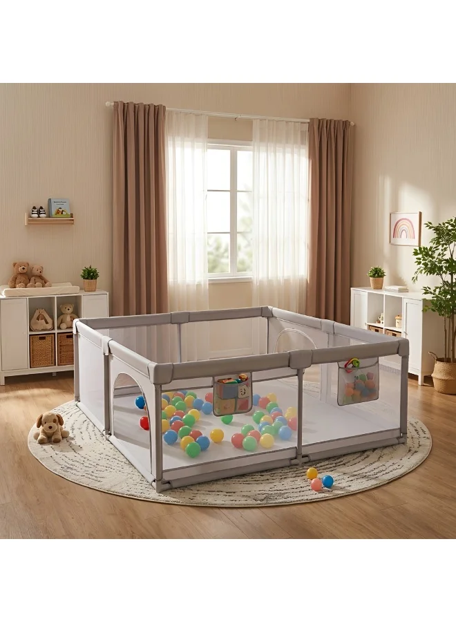 ORIONMAX Extra Large Baby Playpen with 50 Balls, Breathable Mesh Safety Fence for Indoor and Outdoor Use (Grey, 120x120cm) kly3d