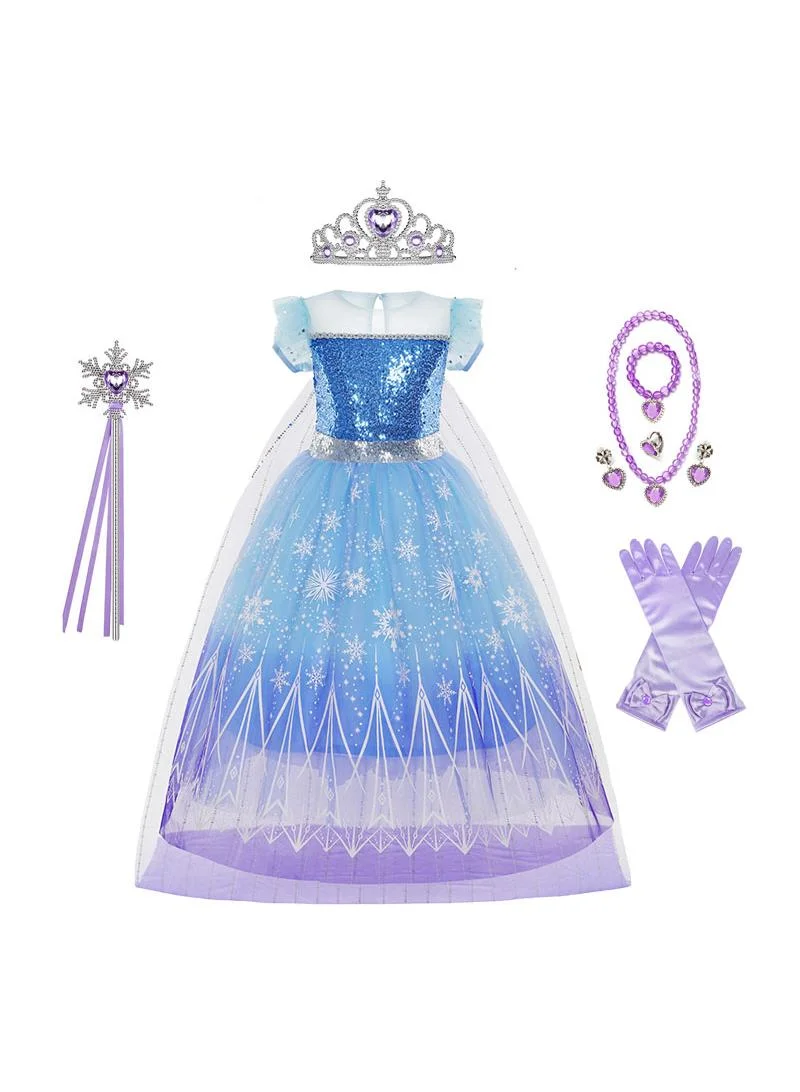 Premium Princess Inspired Short-Sleeve Dress with Removable Tulle Cape for Girls (Blue, 120 cm) 0gokm