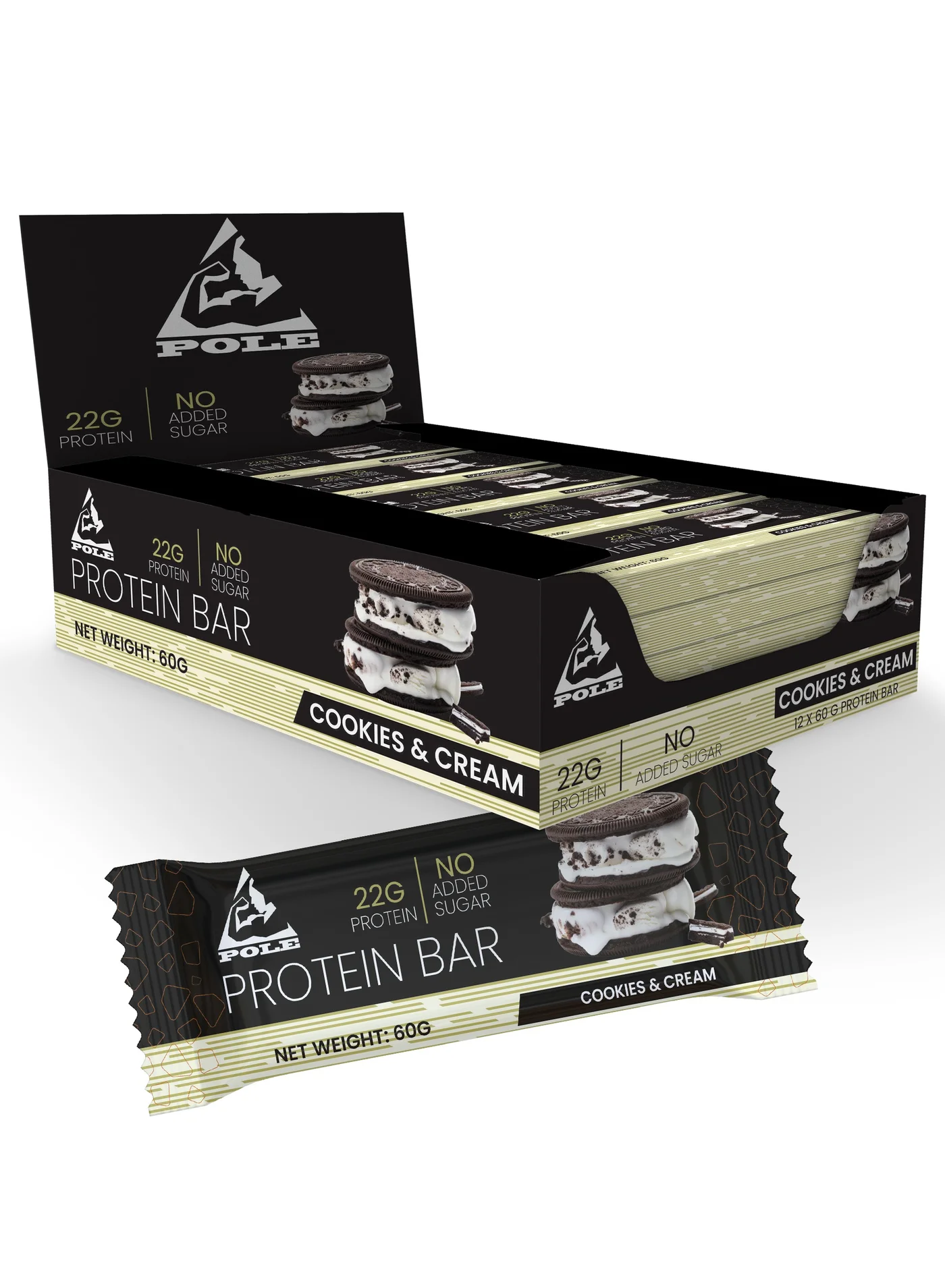 POLE NUTRITION Protein Bar Cookies & Cream Flavor High Protein Snack (12 x 60g) brasp