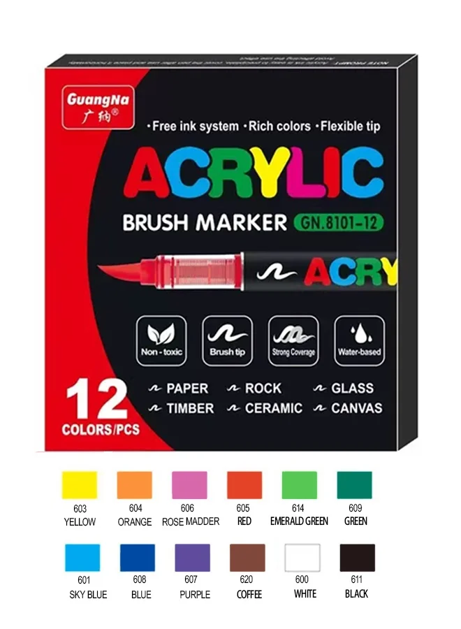 GuangNa Acrylic Paint Marker Set (12 Colors, Extra Fine Soft Tip) Smooth Flow Drawing Pens for Artists and Students mkxhd