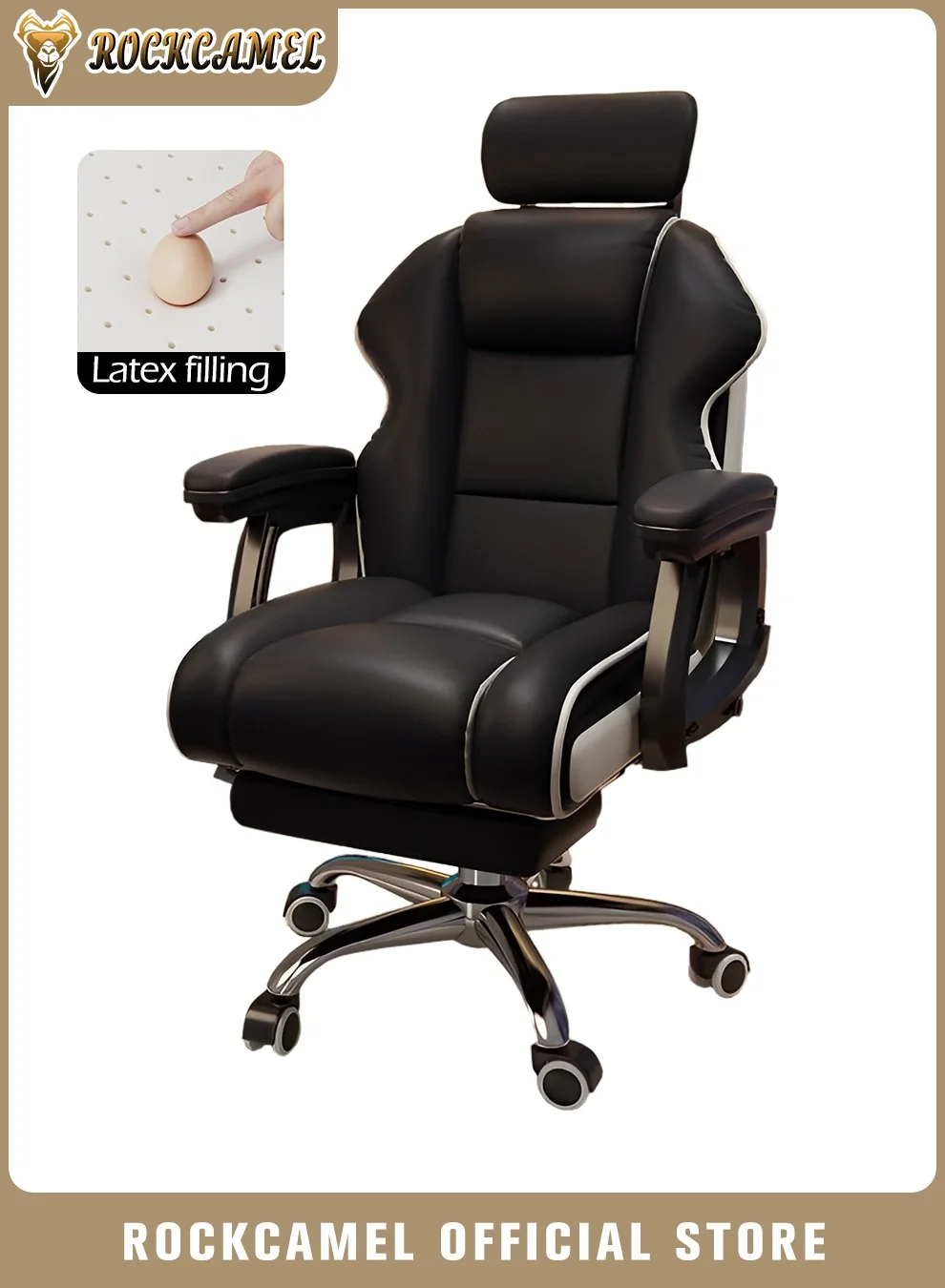 ROCKCAMEL Ergonomic Gaming Chair with Retractable Footrest and Lumbar Support, Premium PU Leather Office Chair for Home and Professional Use (Black, Standard Size) wimv6