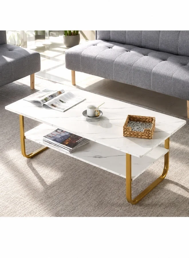Keke Modern Marble Coffee Table with Gold Stainless Steel Frame and Lower Shelf (120x60x42cm) Premium Center Table for Living Room and Office o4mqx