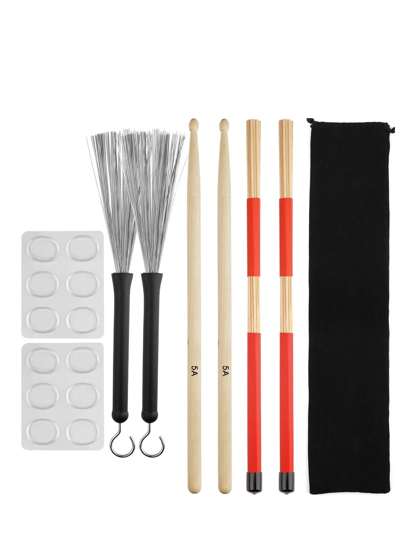 Premium Maple Wood Drumstick Set 5A Professional Percussion Accessory Kit with Rods Brushes and Dampeners (16-Piece Set) crl4u
