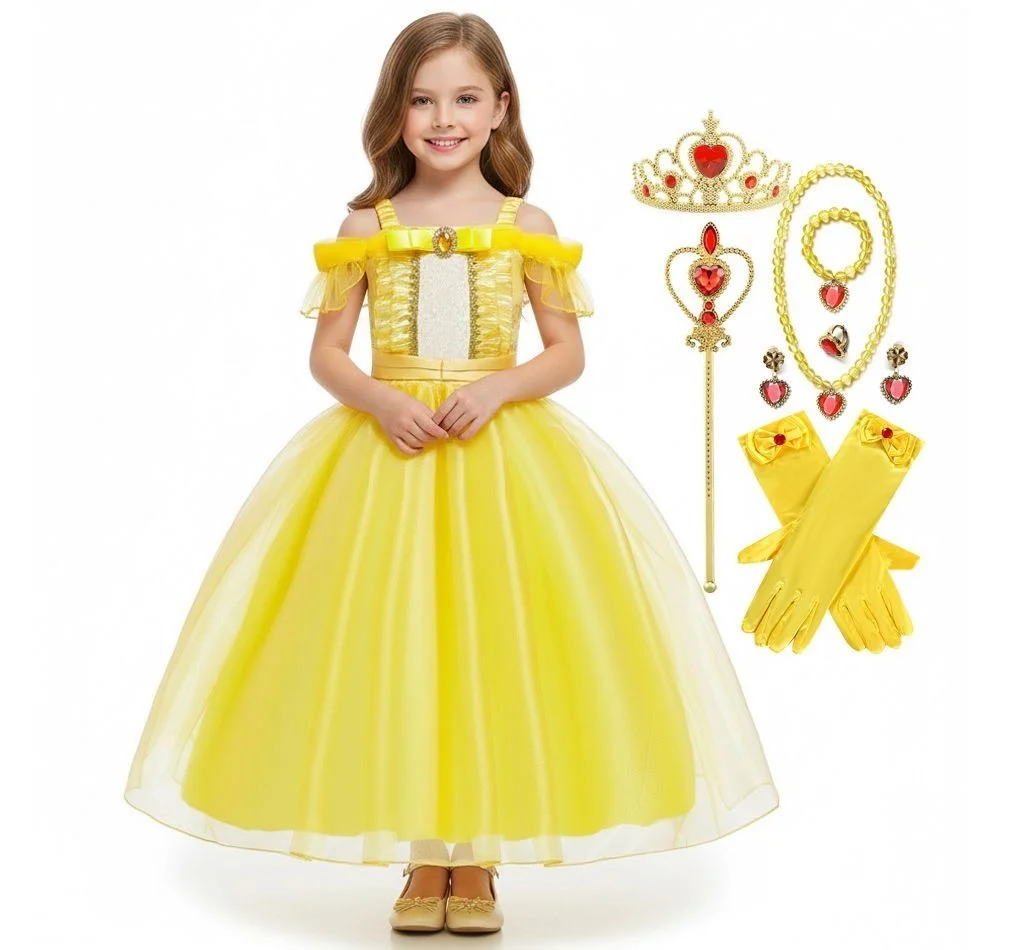 JAYATO Princess Costume Dress Set with Crown and Scepter for Girls (Yellow, Size M) 70mhz