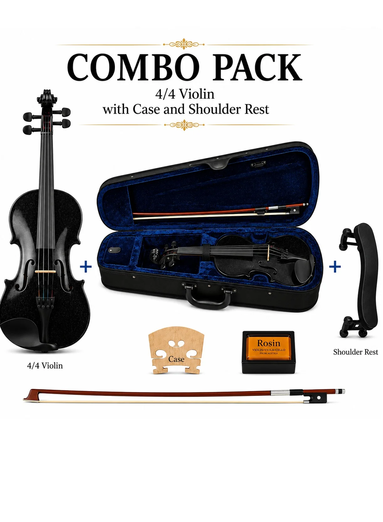 Megarya Acoustic Violin Starter Kit (Full Size, Black) Professional Wood Instrument with Hard Case, Bow, and Rosin for Students and Adults x086g