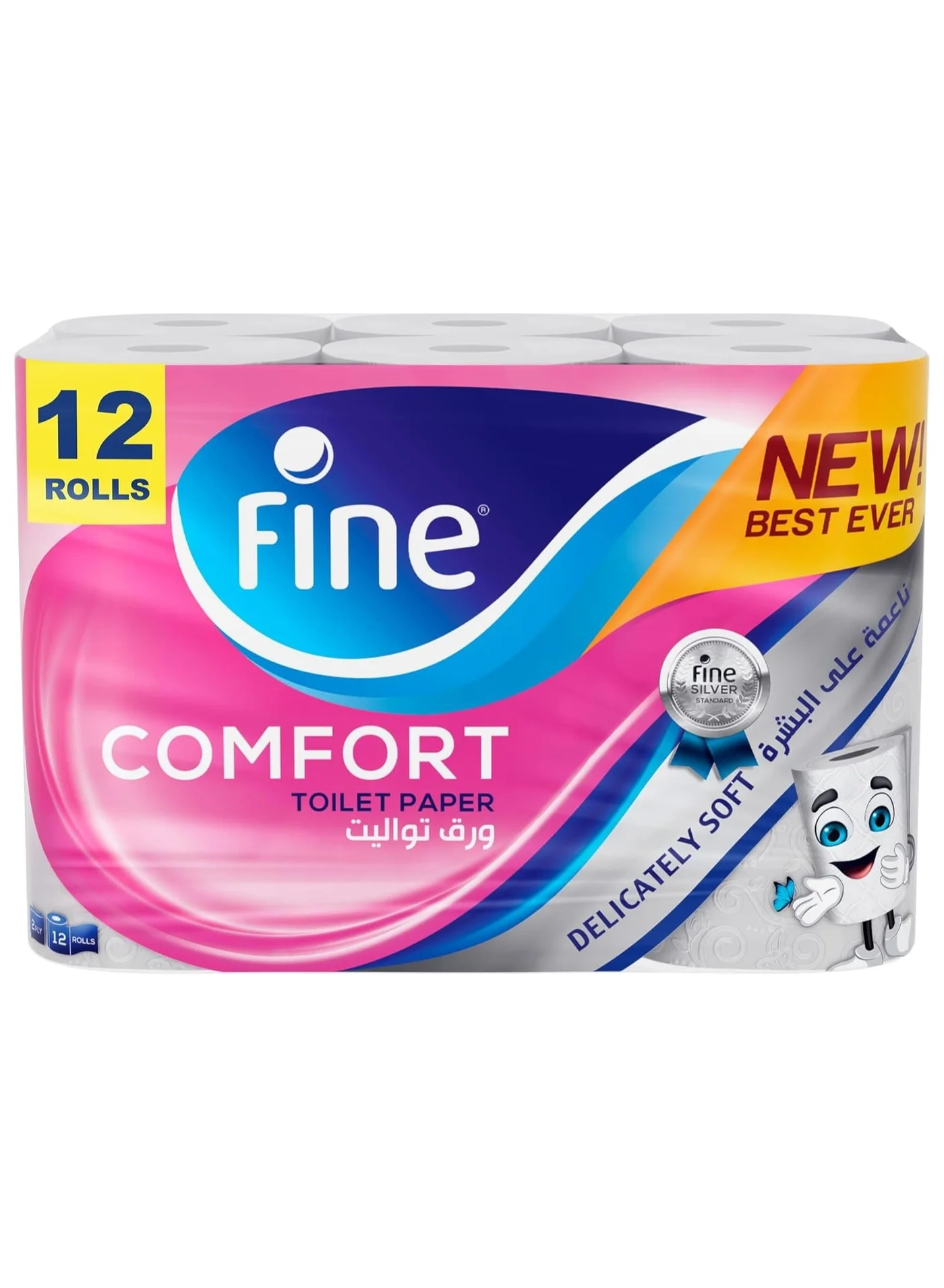 Fine Comfort Toilet Paper 2 Ply (12 Rolls x 180 Sheets, Premium Absorbent Bathroom Tissue) h2jww