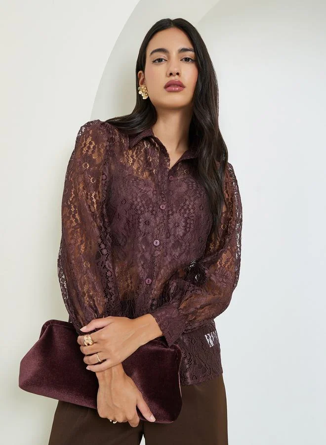 Styli Brown Lace Long Sleeve Shirt Elegant Floral Pattern Blouse for Women (Size M) iqqi8
