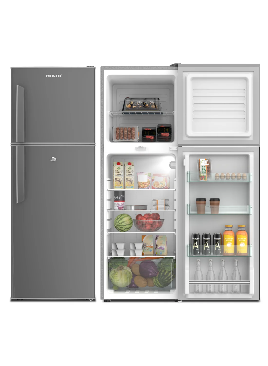 Nikai Top Mount Double Door Refrigerator, 275L Gross Capacity, Adjustable Glass Shelves, Premium Stainless Steel Finish, Energy Efficient For Home And Office (Grey, 275L) cv2so