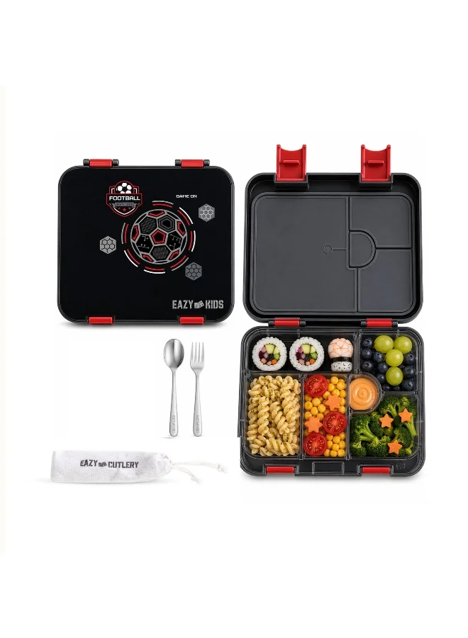 Eazy Kids Convertible Bento Lunch Box with Stainless Steel Spoon and Fork Set (Football Black, 6-Compartment) c1ie8
