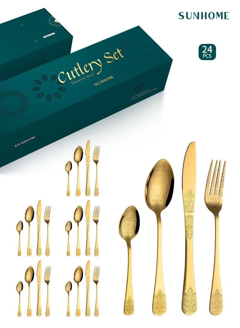 SUNHOME Premium Stainless Steel Cutlery Set (Gold, 24-Piece Set) tm1gw