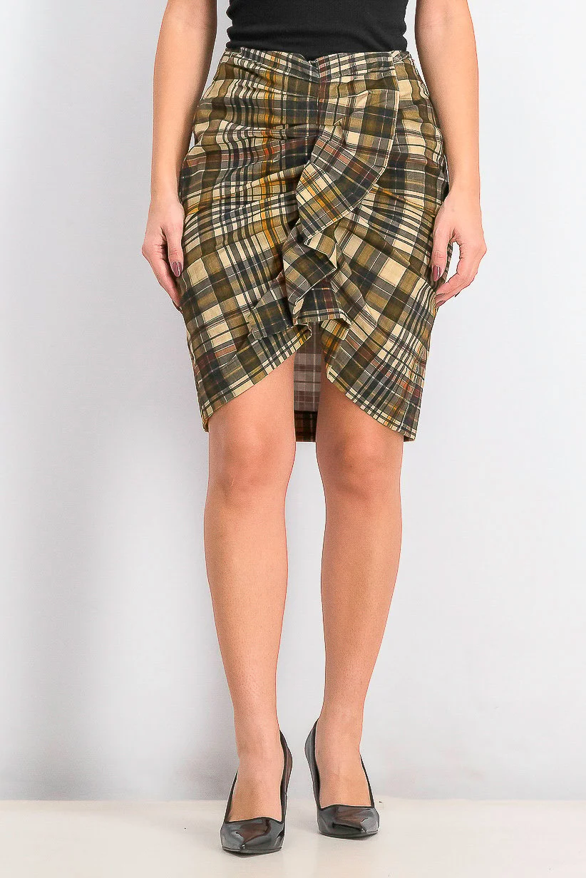 MANGO Women Plaid Ruffle Detail Skirt Premium Casual Wear (Multicolor, Medium) xacbf